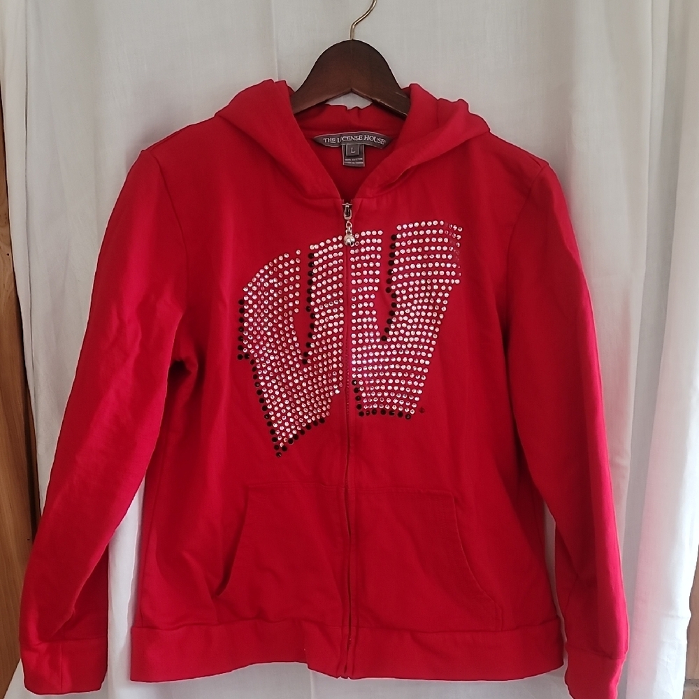 A Red Wisconsin Badger Embellished Hooded Sweatshirt For The Glam Girl. Sz L